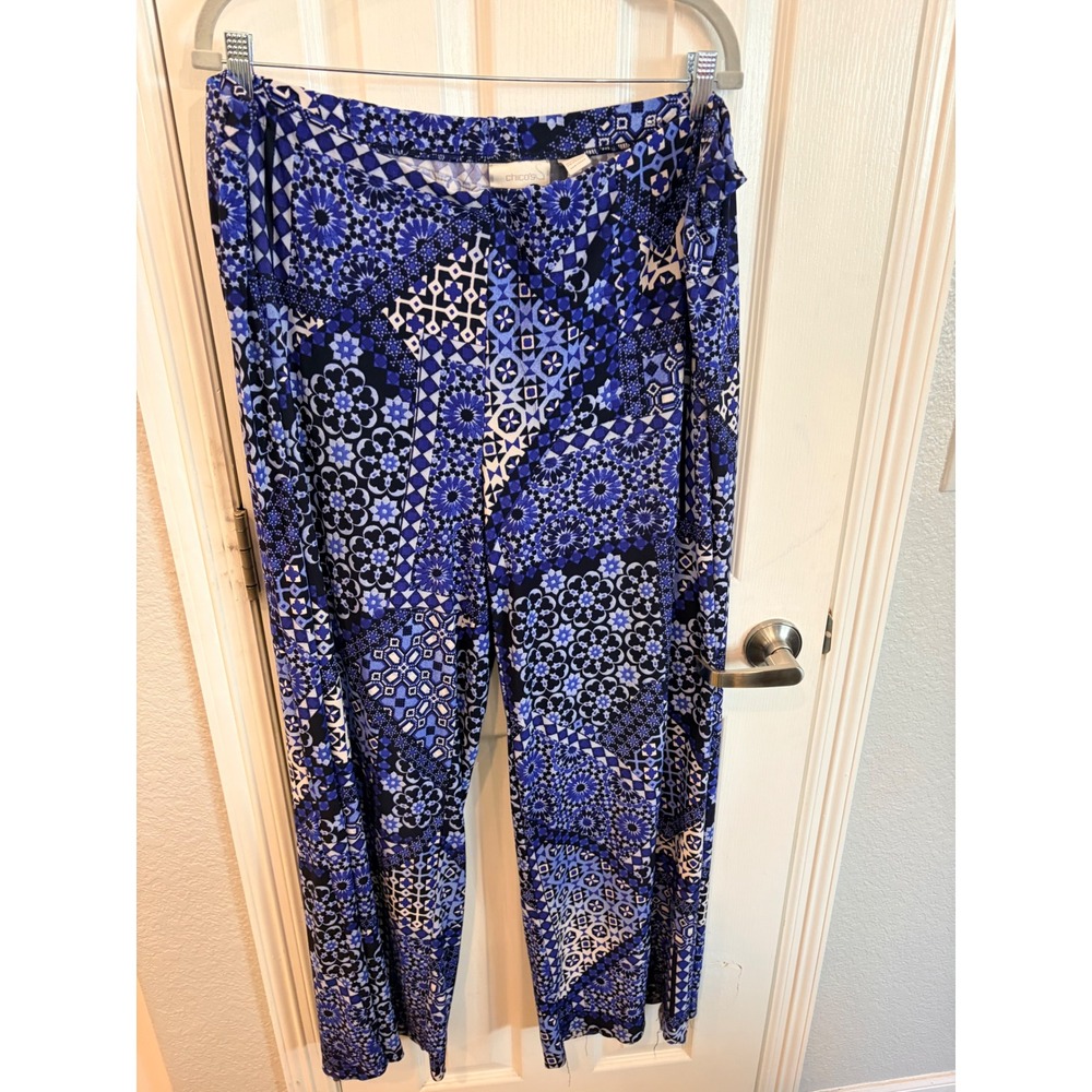 Chico's Travelers Pants Blue Geometric Mosaic Tile Print Wide Leg Pull On 4 XXL